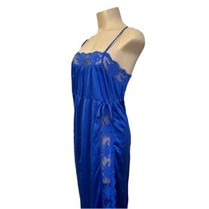 VTG Blue Slip Dress Long Romantic Sz L Lace Side Slit Babydoll Maxi Feminine